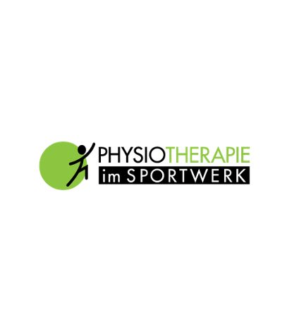 Das Logo für Physiotherapie im Sportwerk zeigt einen grünen Kreis mit einer stilisierten Figur, die darin läuft, begleitet von dem Text 'Physiotherapie im Sportwerk' in fetter schwarzer Schrift.