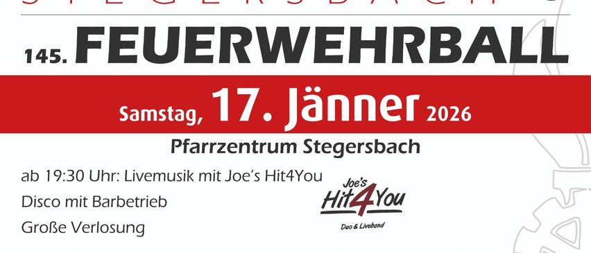 Werbeanzeige für die Freiwillige Feuerwehr Steyrersbach mit Livemusik von Joe's Hit4You. Veranstaltung am 17. Jänner 2026 im Gesundheitszentrum Steyrersbach. Tischreservierung per Tischreservierung erwünscht.