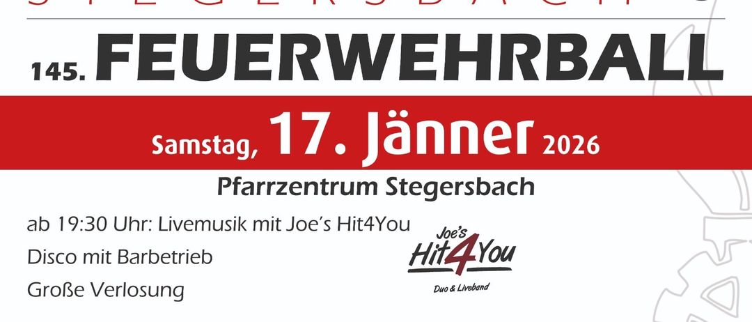 Werbeanzeige für die Freiwillige Feuerwehr Steyrersbach mit Livemusik von Joe's Hit4You. Veranstaltung am 17. Jänner 2026 im Gesundheitszentrum Steyrersbach. Tischreservierung per Tischreservierung erwünscht.