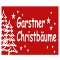 Ein festliches rotes Banner mit einem weißen Weihnachtsbaum und Sternen, das 'Garstner Christbaume' lautet.