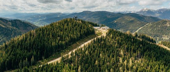 An aerial view of a mountain peak covered in dense green trees, with a small structure and a tower on the top.
