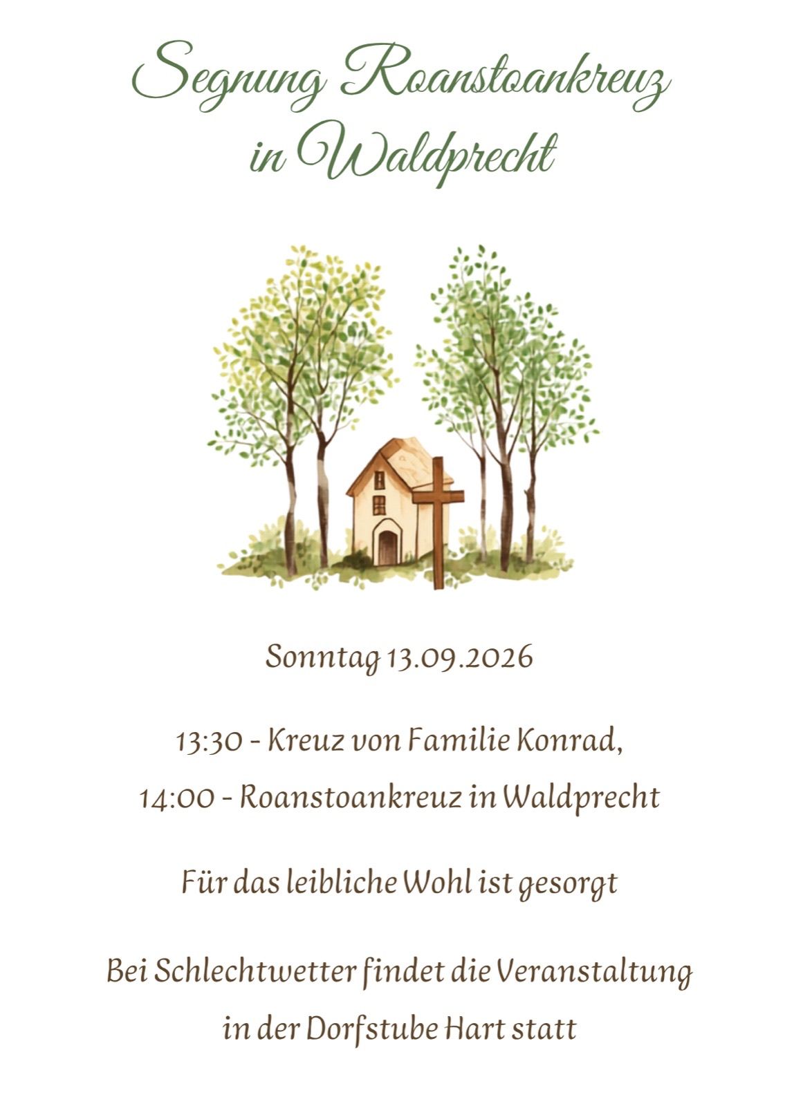 An invitation card for a Sunday event on September 13, 2026, featuring a house, a cross, and trees. It includes details about a family cross at 13:30 and a Roaenstoankreuz at 14:00 in Waldprech.