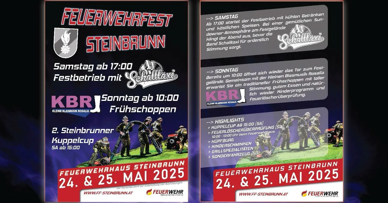 Die Veranstaltung ist das Feuerwehrfest Steinbrunn am 25. Mai 2025, das um 17 Uhr mit einer Parade beginnt. Der Samstag öffnet um 10 Uhr mit Kinderaktivitäten. Höhepunkte sind ein Pokalturnier, Feuerwehrausbildung und Sonderfahrzeuge.