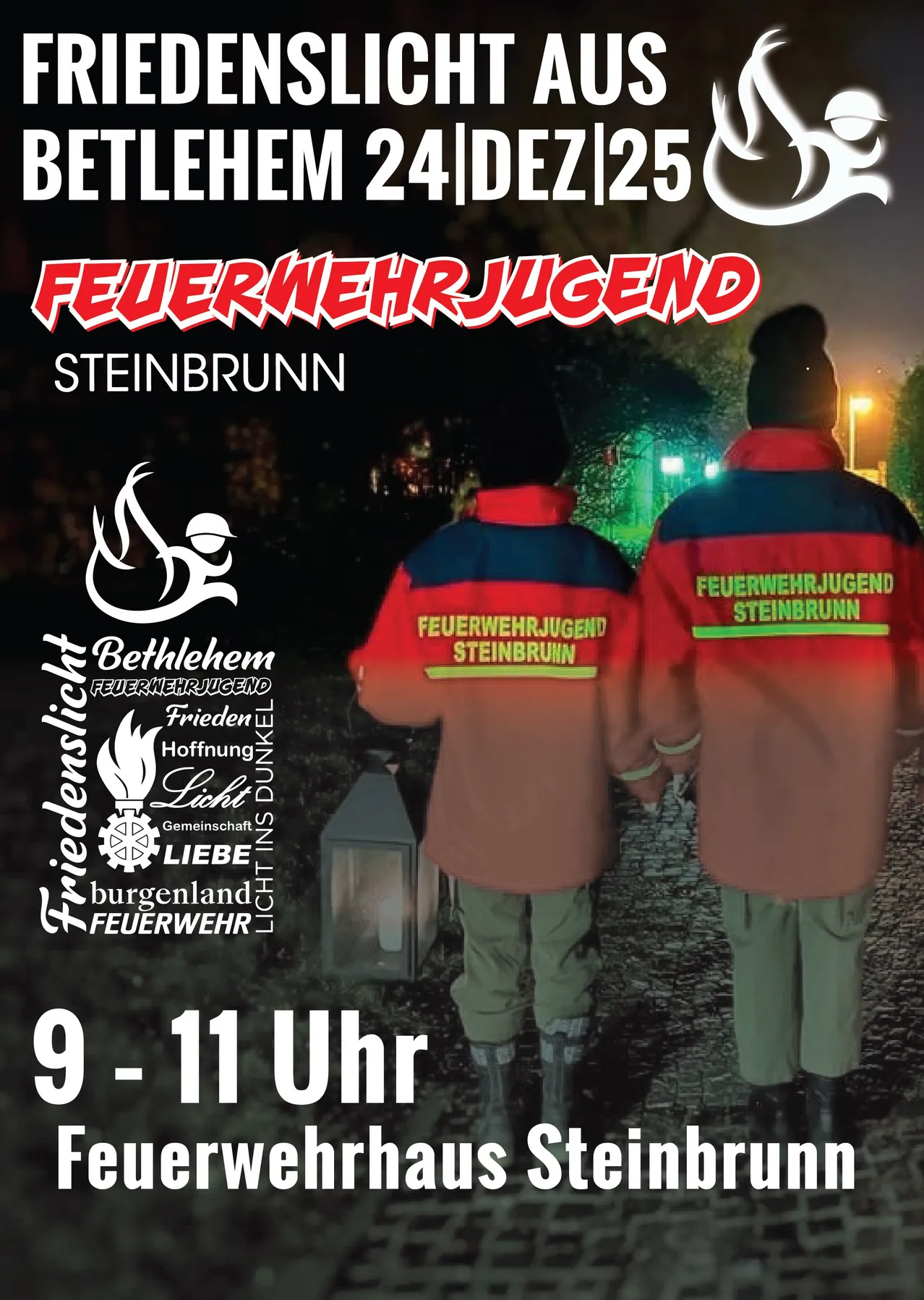 Plakat für die Jugendfeuerwehr Steinbrunn mit zwei Mitgliedern in Uniform bei Nacht, einer Laterne und Bäumen im Hintergrund.