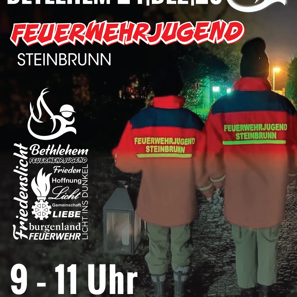 Plakat für die Jugendfeuerwehr Steinbrunn mit zwei Mitgliedern in Uniform bei Nacht, einer Laterne und Bäumen im Hintergrund.