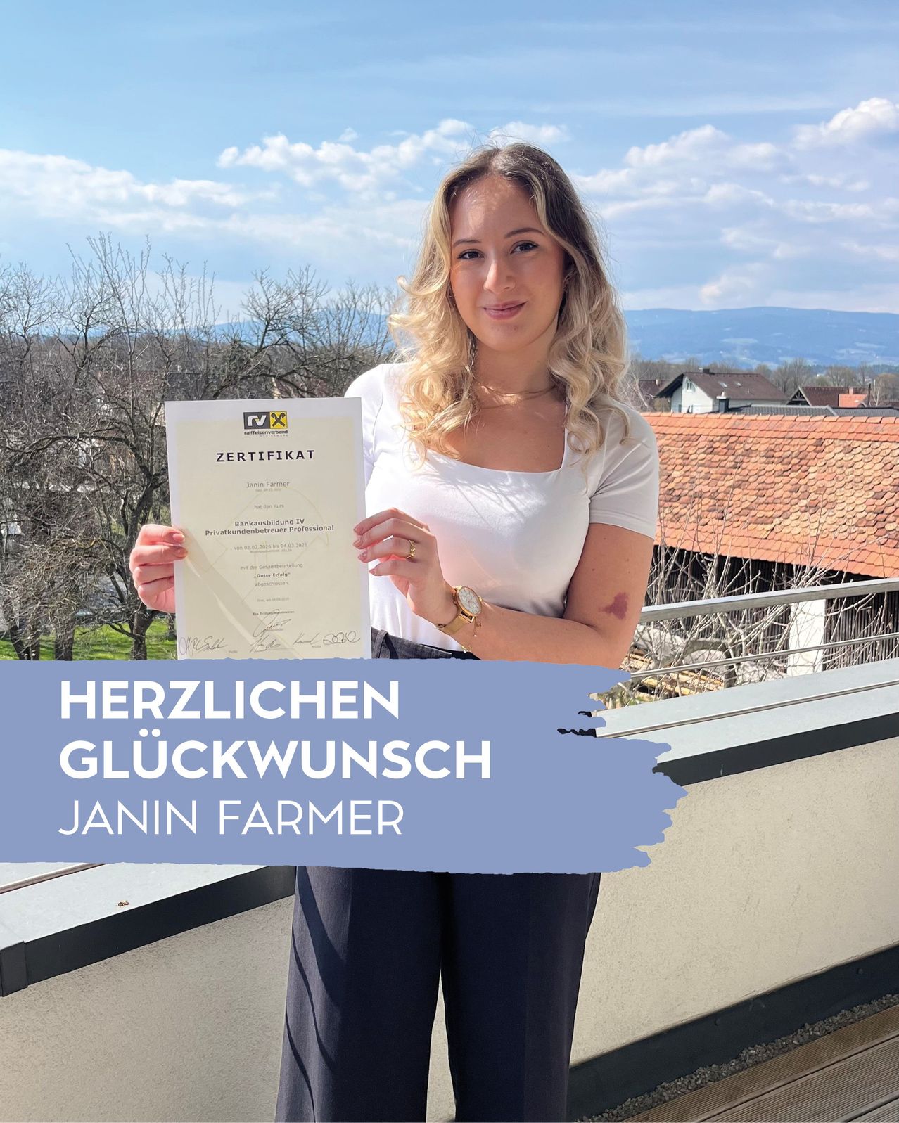Nahaufnahme, Zertifikat, Bankausbildung Janin Farmer, Bankausbildung Raiffeisenbank Kalsdorf-Lieboch-Stainz