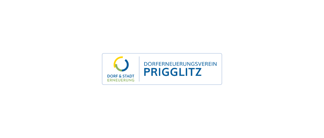 Ein Logo für Dorf & Stadt Erneuerung mit dem Namen 'Prigglitz'. Das Logo hat einen weißen Hintergrund mit einem blauen Rand und enthält ein kreisförmiges Emblem mit einem grünen Zentrum. Der Text 'DORF & STADT ERNEUERUNG' ist über dem Logo und 'DORFFERNEUERUNGSVEREIN PRIGGLITZ' darunter angezeigt.