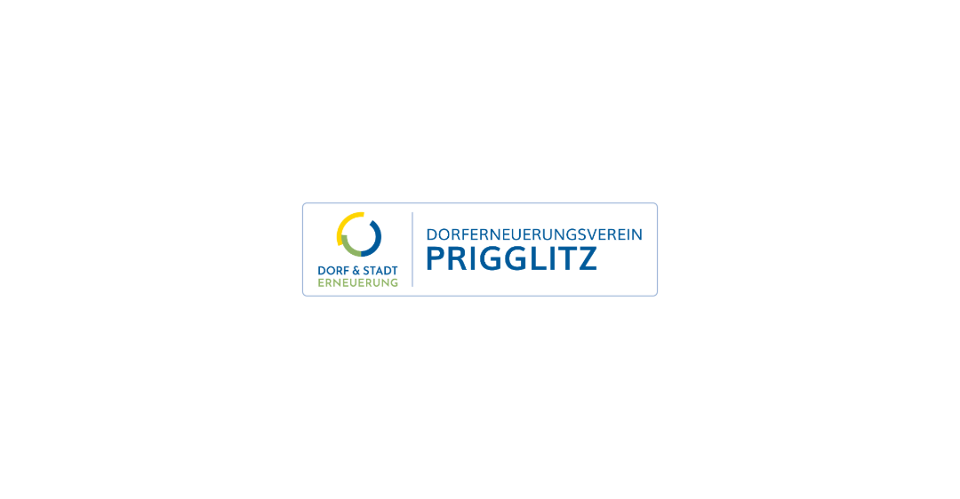 Ein Logo für Dorf & Stadt Erneuerung mit dem Namen 'Prigglitz'. Das Logo hat einen weißen Hintergrund mit einem blauen Rand und enthält ein kreisförmiges Emblem mit einem grünen Zentrum. Der Text 'DORF & STADT ERNEUERUNG' ist über dem Logo und 'DORFFERNEUERUNGSVEREIN PRIGGLITZ' darunter angezeigt.