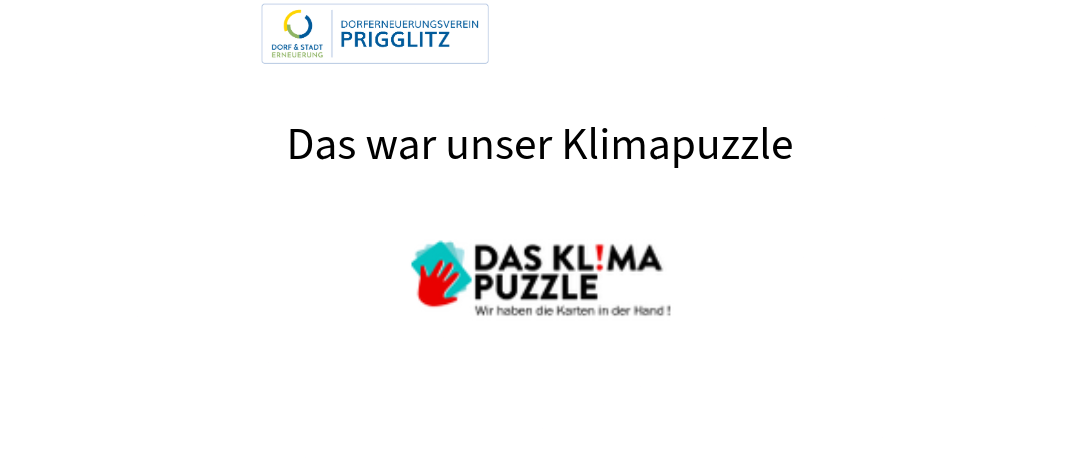 Eine weiße Seite zeigt eine Überschrift 'Das war unser Klimapuzzle' mit Logos für Dorf & Stadt Erneuerung und Dorfneuerungsverein Prigglitz. Unten hält eine farbige Hand ein Puzzleteil mit dem Text 'DAS KL!MA PUZZLE'.