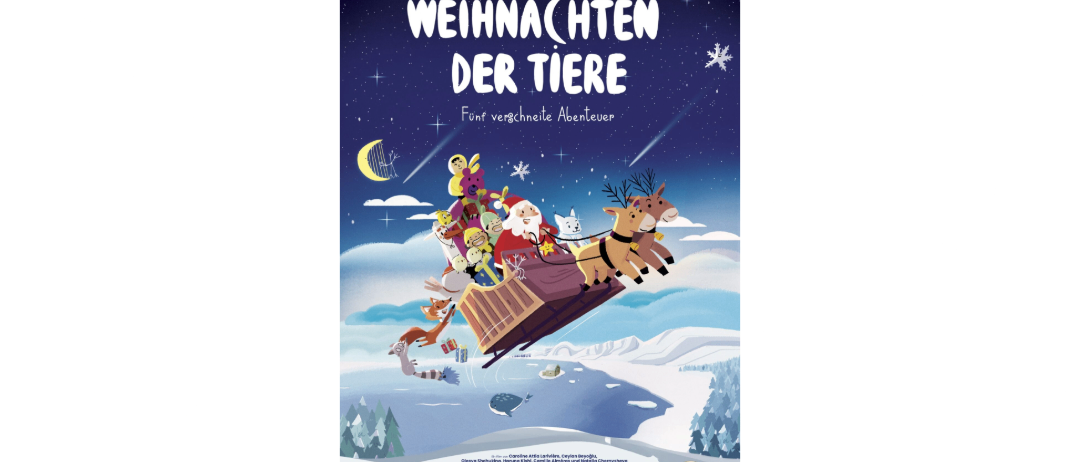 Filmplakat für den Animationsfilm "Weihnachten der Tiere" mit dem Weihnachtsmann, der mit verschiedenen Tieren auf seinem Schlitten fährt. Der Poster zeigt eine verschneite Landschaft mit einem Halbmond und Sternen. Der Erscheinungstermin ist der 21. November, exklusiv im Kino.