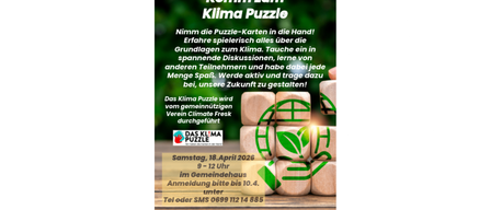The Klima Puzzle event, organized by the Climate Fresk Association, invites participants to engage in climate discussions through games. Scheduled for April 18, 2026, from 9-12, at the Community Hall. Register by April 10 via SMS 0699 112 14 885.