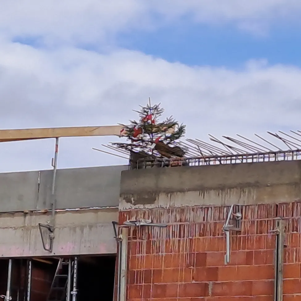 Ein kleiner Weihnachtsbaum steht auf einem Dach bei bewölktem Himmel. Das Dach ist im Bau mit sichtbaren Metallträgern und Ziegelwänden.