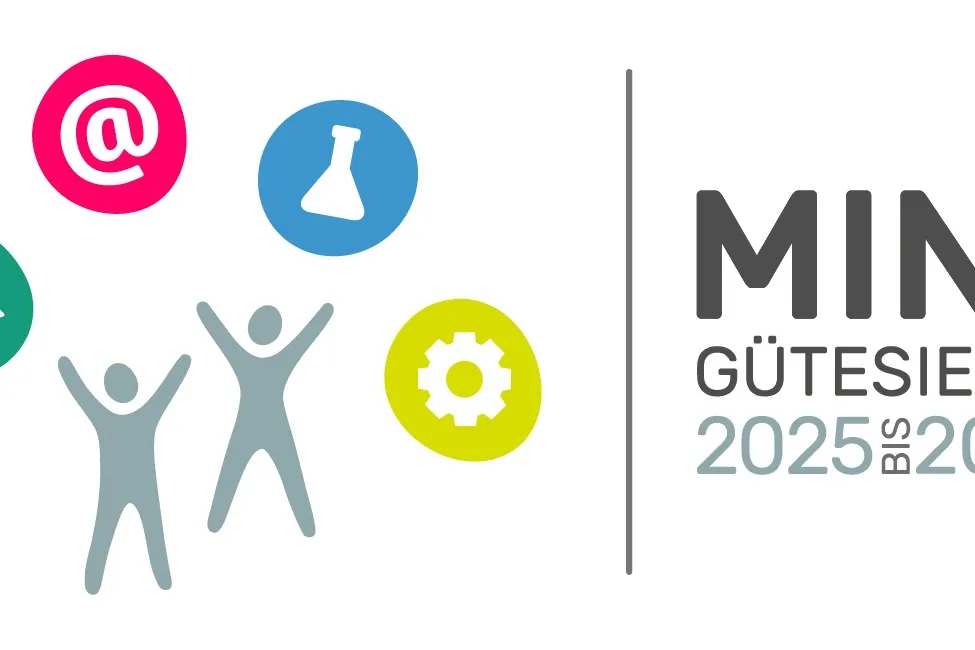 Illustration von Symbolen und Menschen mit dem Text 'MI Gute 2025'. Symbole umfassen ein E-Mail-Symbol, einen Kolben, ein Zahnrad und zwei Menschen, die ihre Hände heben.
