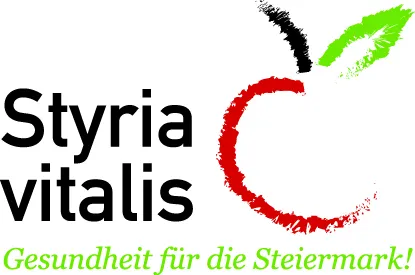 Das Logo für Styria Vitalis zeigt einen roten Apfel mit einem grünen Blatt und dem Slogan 'Gesundheit für die Steiermark!' auf Deutsch.