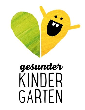 Eine fröhliche Cartoon-Figur in Herzform mit dem Text 'gesunder KINDER GARTEN' darunter. Die Figur ist gelb mit grünem Umriss und einem großen Lächeln.