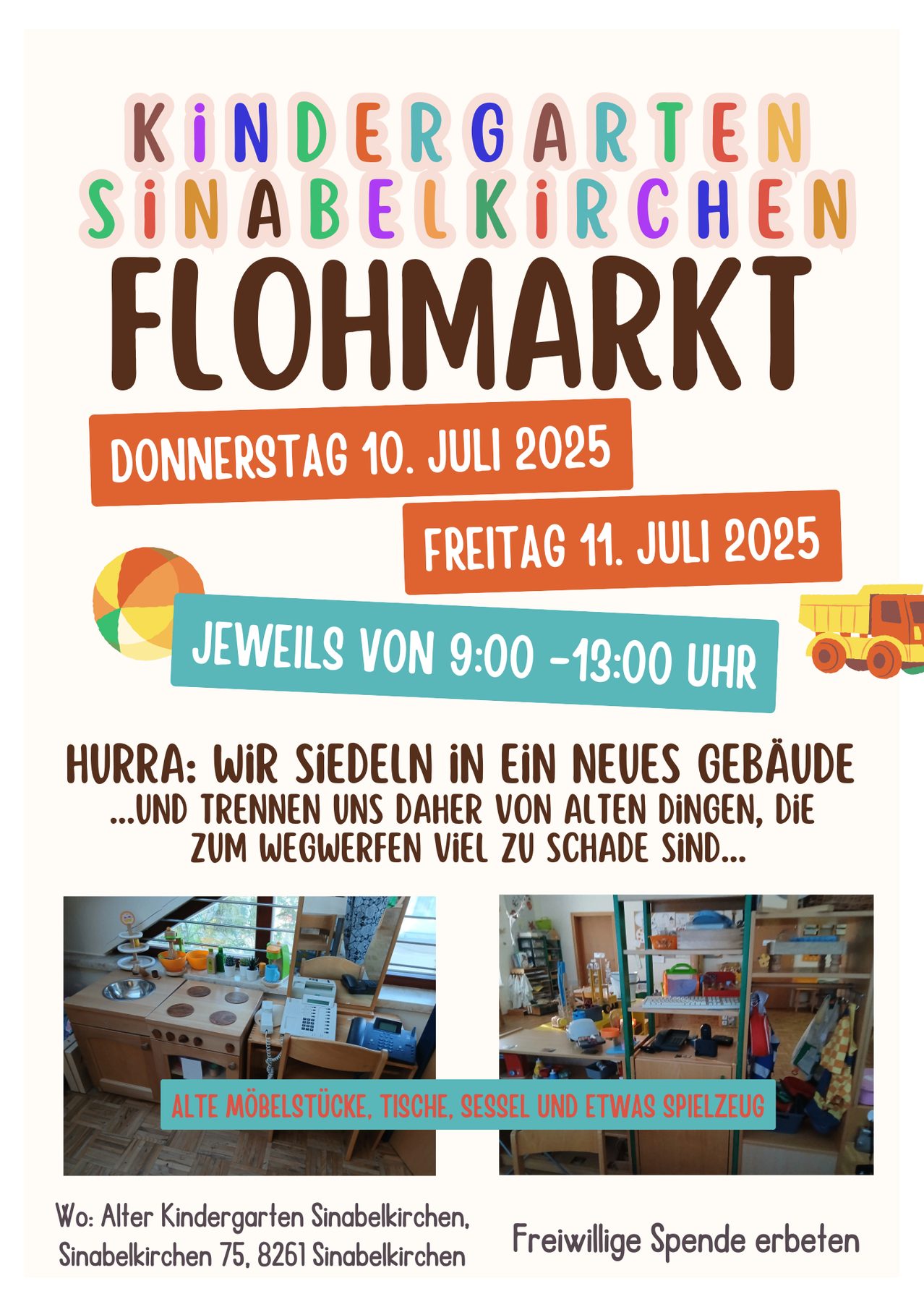Flohmarkt-Plakat, das den Umzug in ein neues Gebäude am 10. und 11. Juli 2025 von 9:00 bis 13:00 Uhr ankündigt. Zeigt alte Möbelstücke und Gegenstände zum Verkauf.