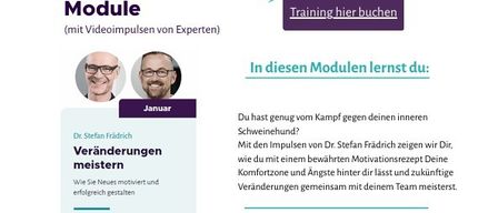 Eine Werbung für ein Akademie-Training im Januar 2026. Es zeigt die Trainer Karl Maria Panhofer und Volker Ehmann mit ihren Kontaktdaten. Die Trainingsmodule umfassen 'Veränderungen meistern' von Dr. Stefan Frädrich und 'Sinnstiftendes Leadership' von Thomas Hahn. Die Investition für zwei Module beträgt 680 €, inklusive Workbooks, Videoimpulsen, Seminarmaterialien und Parkplatz. Der Standort ist 2345 Brunn am Gebirge, Symposium Hotel Rainers21.