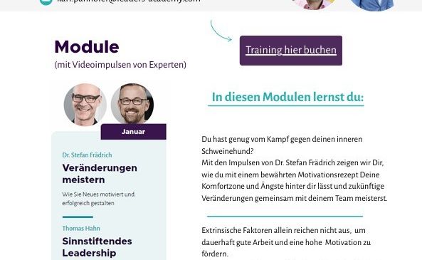 Eine Werbung für ein Akademie-Training im Januar 2026. Es zeigt die Trainer Karl Maria Panhofer und Volker Ehmann mit ihren Kontaktdaten. Die Trainingsmodule umfassen 'Veränderungen meistern' von Dr. Stefan Frädrich und 'Sinnstiftendes Leadership' von Thomas Hahn. Die Investition für zwei Module beträgt 680 €, inklusive Workbooks, Videoimpulsen, Seminarmaterialien und Parkplatz. Der Standort ist 2345 Brunn am Gebirge, Symposium Hotel Rainers21.