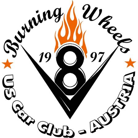 Das Logo des Burning Wheels US Car Club Austria, mit der Nummer 1997, Flammen und einem Stern.