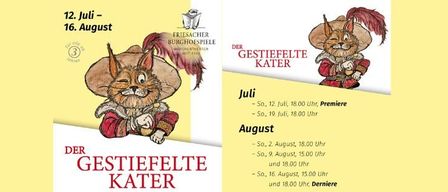 Plakat für 'Der Getiefelte Kater' mit einer Katze in einem Hut und einem gelben Hintergrund. Es listet Termine und Zeiten für Aufführungen im Juli und August auf.