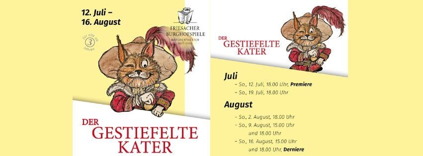 Poster for 'Der Getiefelte Kater' with a cat in a hat and a yellow background. It lists dates and times for performances in July and August.