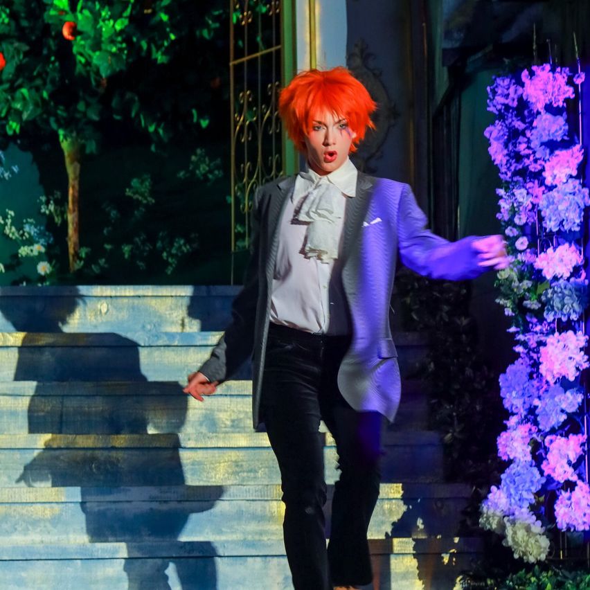 Eine Person mit leuchtend orangefarbenem Haar, in einem lila Anzug, tritt auf der Bühne auf, mit einem Hintergrund aus lila Blumen.