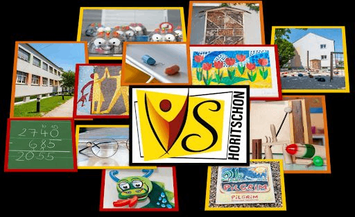 Eine Collage verschiedener Bilder zeigt ein Schulgebäude, ein Familiengemälde, Blumen, ein Haus, eine Tafel mit Mathe, ein Logo, eine Brille, einen Frosch und ein Schild für Pilgrim.