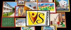 Eine Collage verschiedener Bilder zeigt ein Schulgebäude, ein Familiengemälde, Blumen, ein Haus, eine Tafel mit Mathe, ein Logo, eine Brille, einen Frosch und ein Schild für Pilgrim.