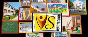 Eine Collage verschiedener Bilder zeigt ein Schulgebäude, ein Familiengemälde, Blumen, ein Haus, eine Tafel mit Mathe, ein Logo, eine Brille, einen Frosch und ein Schild für Pilgrim.