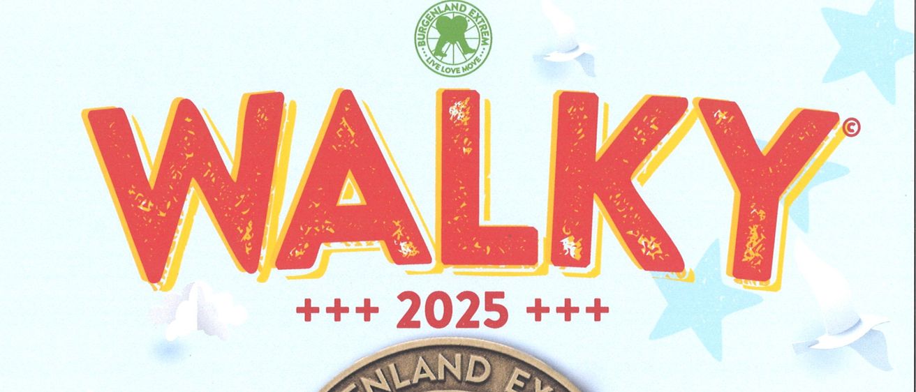 Plakat für Walky 2025, mit rotem Stern und rotem Herz, Text auf Deutsch und Englisch, wirbt für eine extreme Veranstaltung für Lehrer und Schüler an der Volksschule Horitschon.