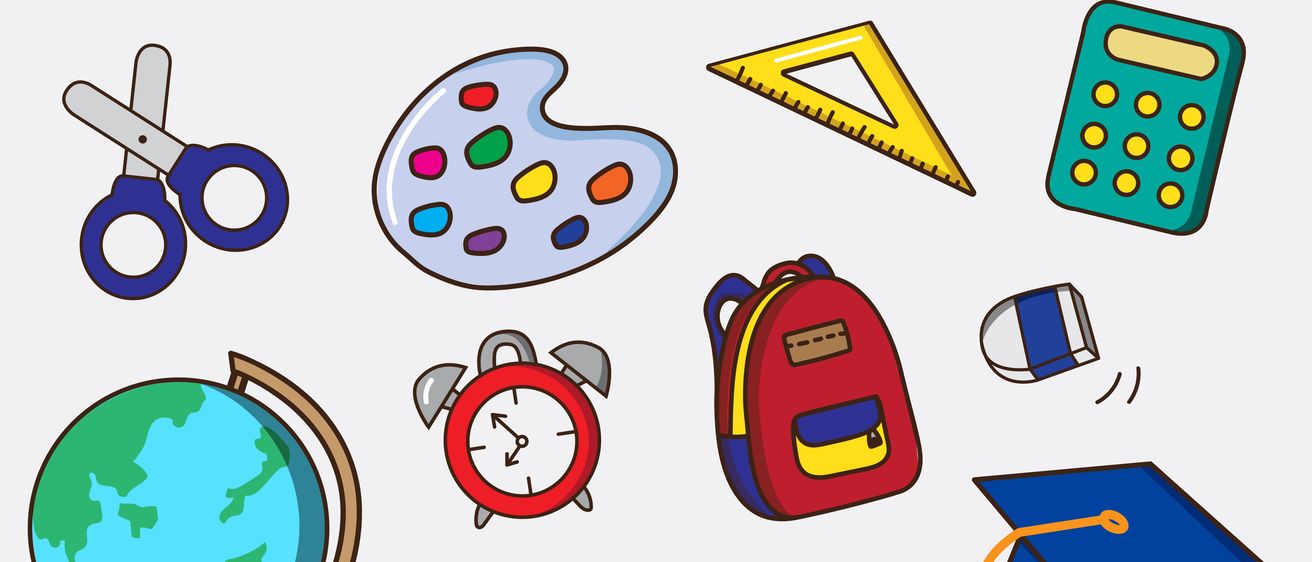 Illustrationen eines Globus, Schulbus, Rucksack, Schere, Malpalette, Taschenrechner, Wecker und einer Graduierungskappe.