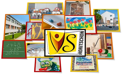 Eine Collage verschiedener Bilder, darunter ein Schulgebäude, ein Matheproblem, ein Blumengemälde und ein Logo für Hortschoon.