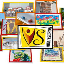 Eine Collage verschiedener Bilder, darunter ein Schulgebäude, ein Matheproblem, ein Blumengemälde und ein Logo für Hortschoon.