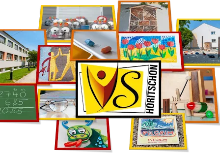 Eine Collage verschiedener Bilder, darunter ein Schulgebäude, ein Matheproblem, ein Blumengemälde und ein Logo für Hortschoon.