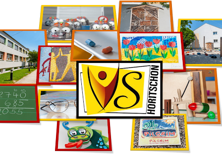 Eine Collage verschiedener Bilder, darunter ein Schulgebäude, ein Matheproblem, ein Blumengemälde und ein Logo für Hortschoon.