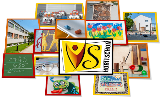 Eine Collage verschiedener Bilder, darunter ein Schulgebäude, ein Matheproblem, ein Blumengemälde und ein Logo für Hortschoon.