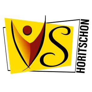 Ein gelbes Logo mit einem roten Kreis und einem schwarzen 'S'. Das Wort 'HORITSCHON' steht in Schwarz auf der rechten Seite des Logos.