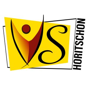 Ein gelbes Logo mit einem roten Kreis und einem schwarzen 'S'. Das Wort 'HORITSCHON' steht in Schwarz auf der rechten Seite des Logos.