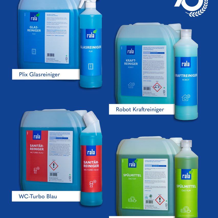 Verschiedene Reinigungsprodukte der Marke ral werden auf blauem Hintergrund präsentiert. Die Produkte umfassen Plix Glasreiniger, Robot Kraftreiniger und Sanitär-Reiniger WC-Turbo Blau. Jedes Produkt hat ein blau-weißes Etikett mit dem Markennamen ral.