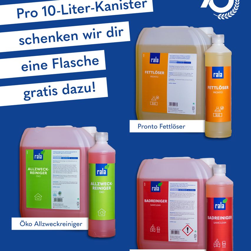 Eine Werbung zeigt Reinigungsprodukte. Es werden zwei Arten von Reinigern gezeigt: ein 10-Liter-Kanister Pronto Fettlöser und eine Flasche Allzweckreiniger. Es gibt ein kostenloses Angebot für den Kauf des 10-Liter-Kanisters.