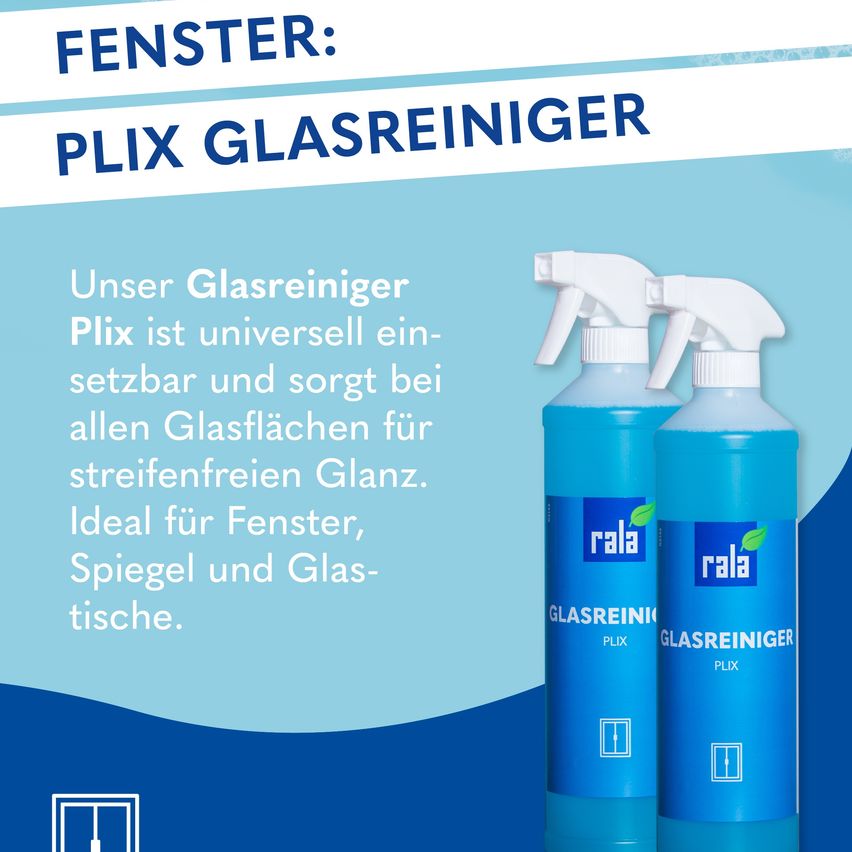 Eine Werbung für PLIX Glasreiniger. Sie zeigt zwei blaue Flaschen mit weißen Sprühdüsen. Der Text betont die universelle Anwendbarkeit des Produkts und seine Fähigkeit, streifenfreien Glanz auf allen Glasflächen zu bieten. Ideal für Fenster, Spiegel und Glastische.