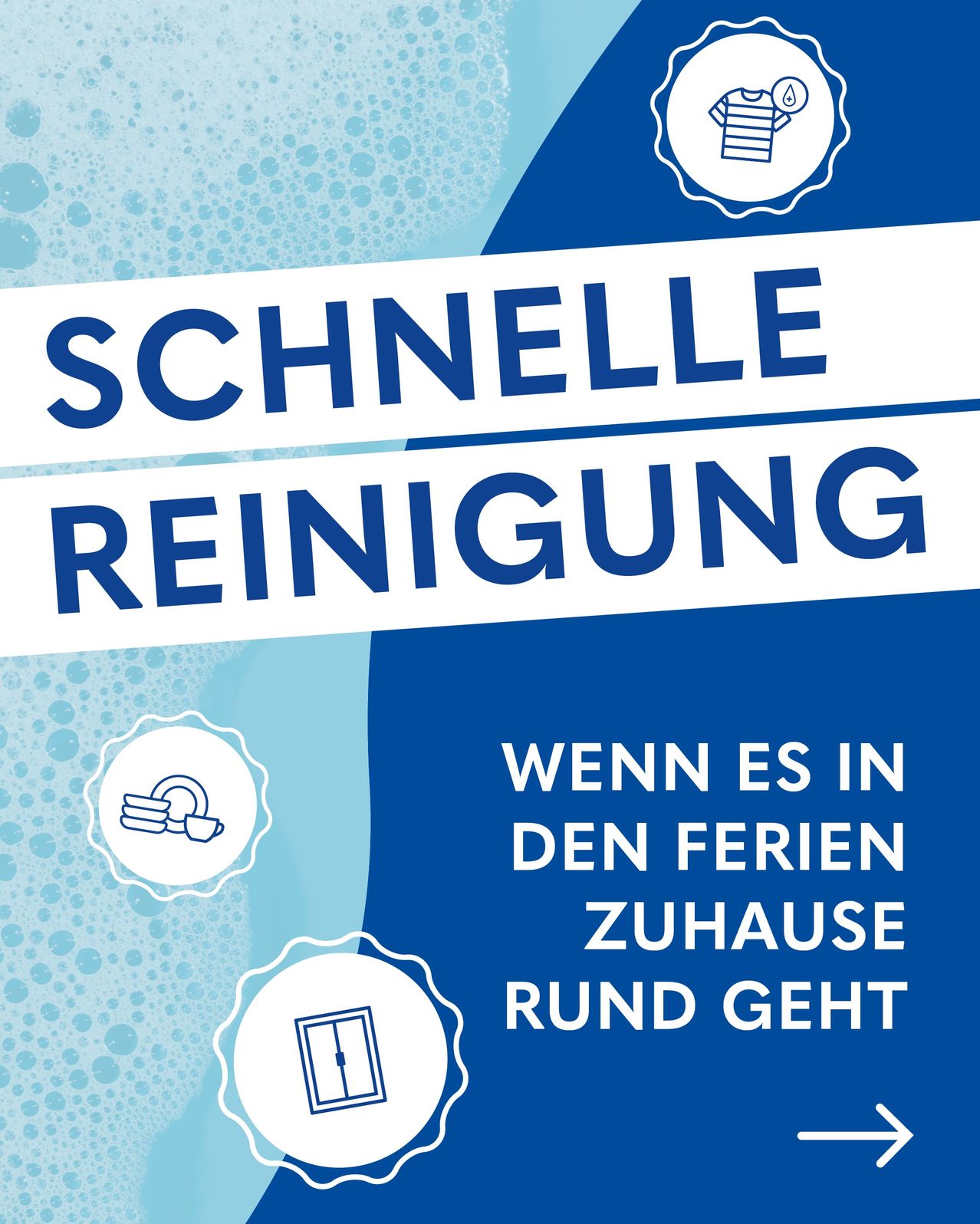 Blaues und weißes Bild mit dem Text 'Schnelle Reinigung'. Darunter steht 'Wenn es in den Ferien zuhause rund geht'. Drei Symbole mit einem Becher, einer Tür und einem Stück Papier sind ebenfalls vorhanden.