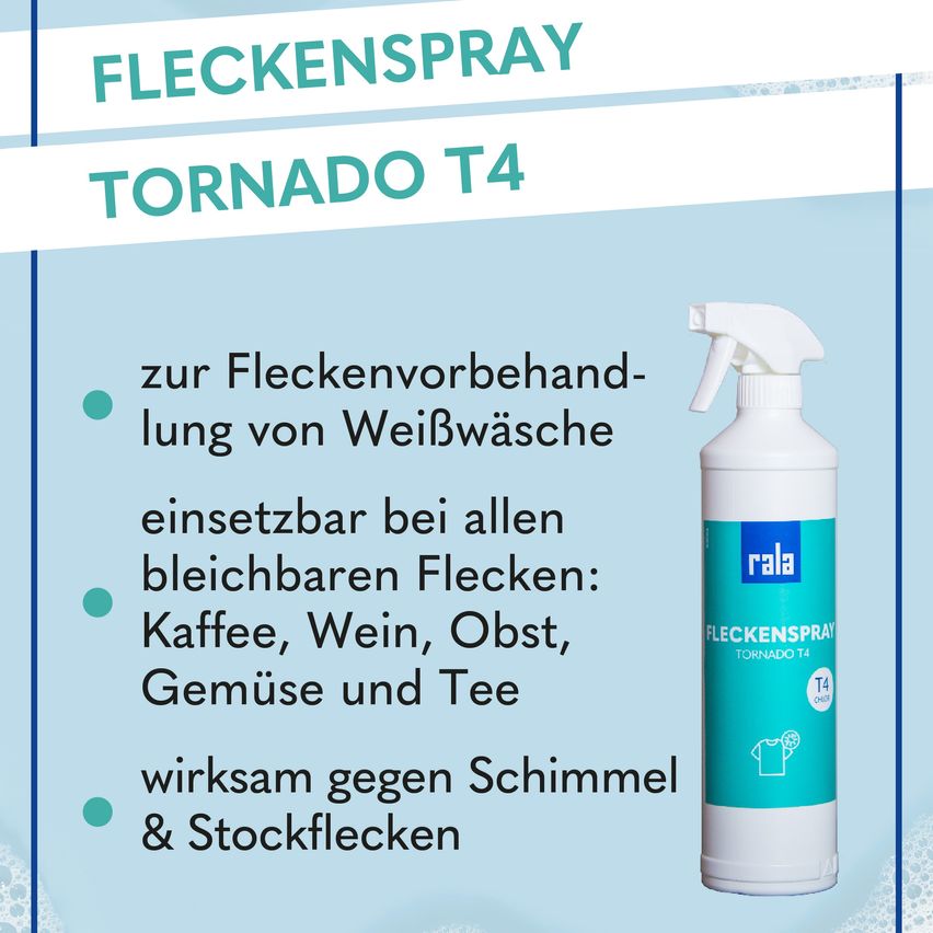 Eine Werbung für Fleckenspray Tornado T4, ein Fleckenentferner-Spray für weiße Wäsche, wirksam gegen Kaffee, Wein, Obst, Gemüse und Tee, Schimmel und Sockenflecken.