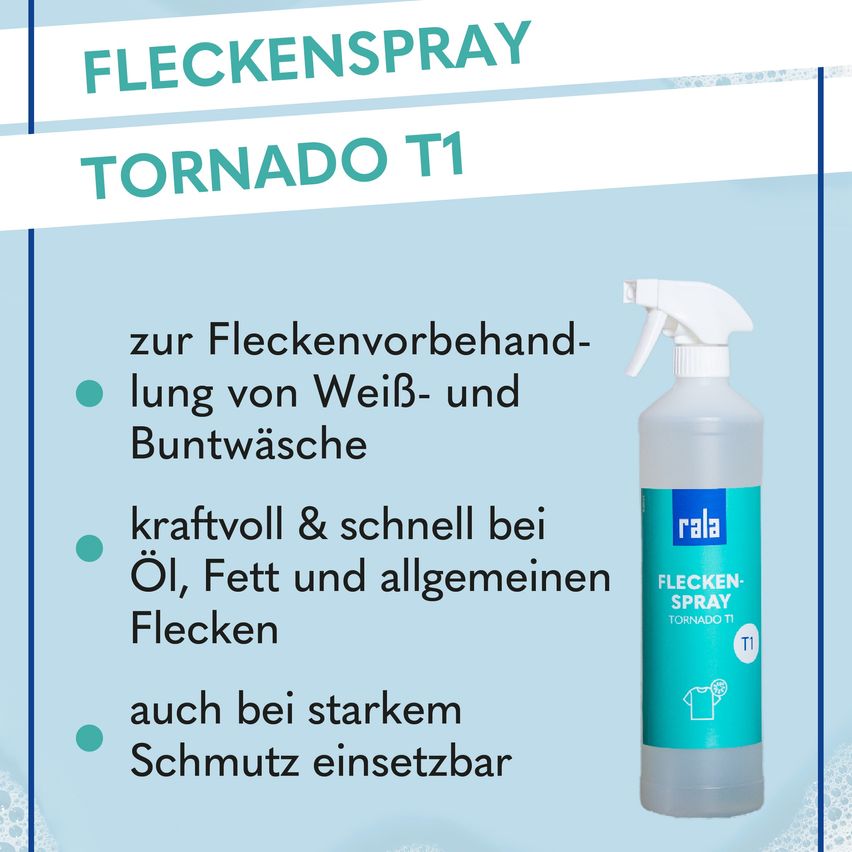 Tornado T1 Fleckenspray zur Fleckenvorbehandlung von Weiß- und Buntwäsche, kraftvoll und schnell bei Öl, Fett und allgemeinen Flecken, auch bei starkem Schmutz einsetzbar.