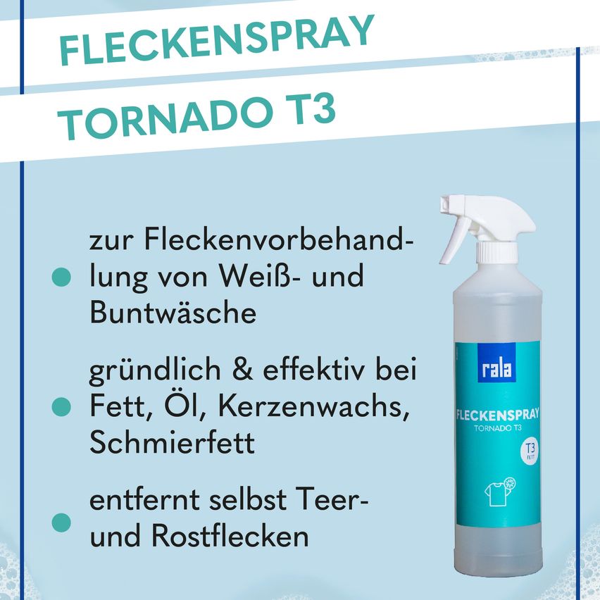 Eine Flasche Fleckenspray Tornado T3 zur Fleckenvorbeugung von weißer und bunter Wäsche. Wirksam gegen Fett, Öl, Fruchtsaft und Teerspuren. Entfernt Schmutz- und Rostflecken.