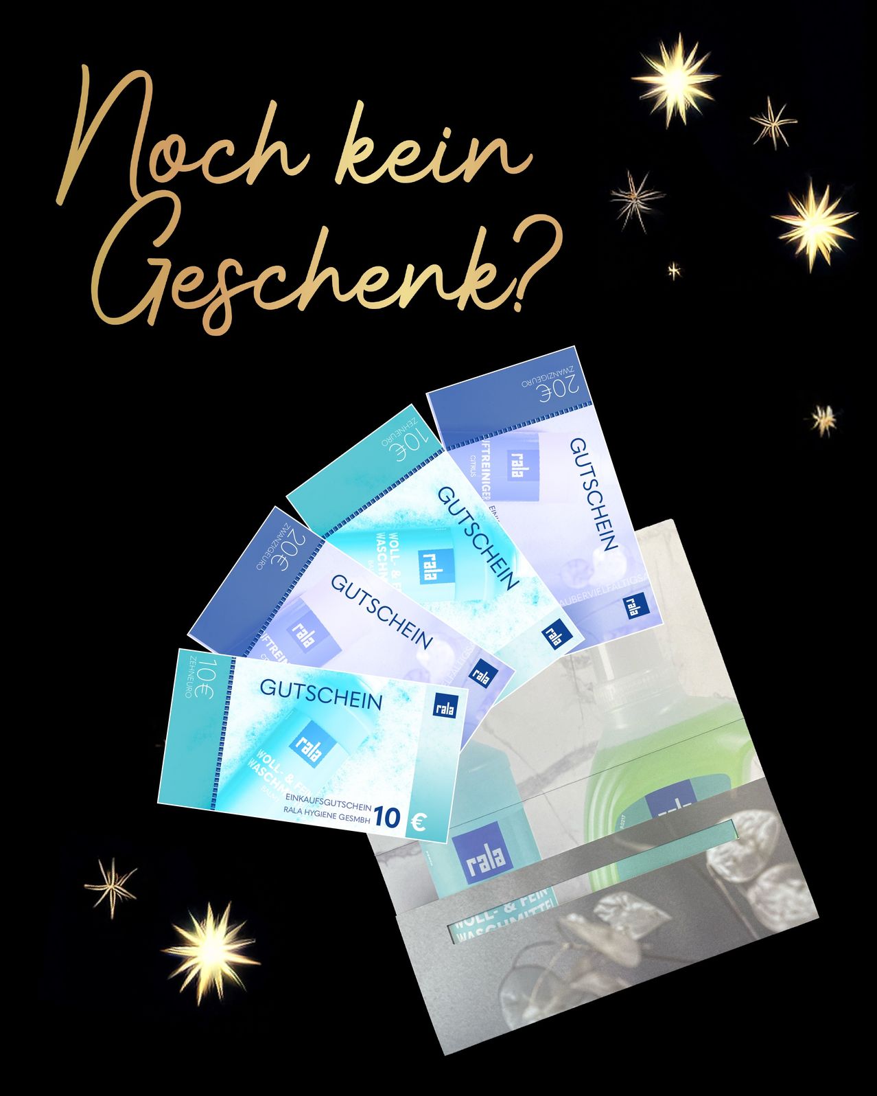 Ein Bild zeigt einen Stapel blauer und weißer Rabattgutscheine auf schwarzem Hintergrund mit Sternen und der Frage 'Noch kein Geschenk?' in Gold.