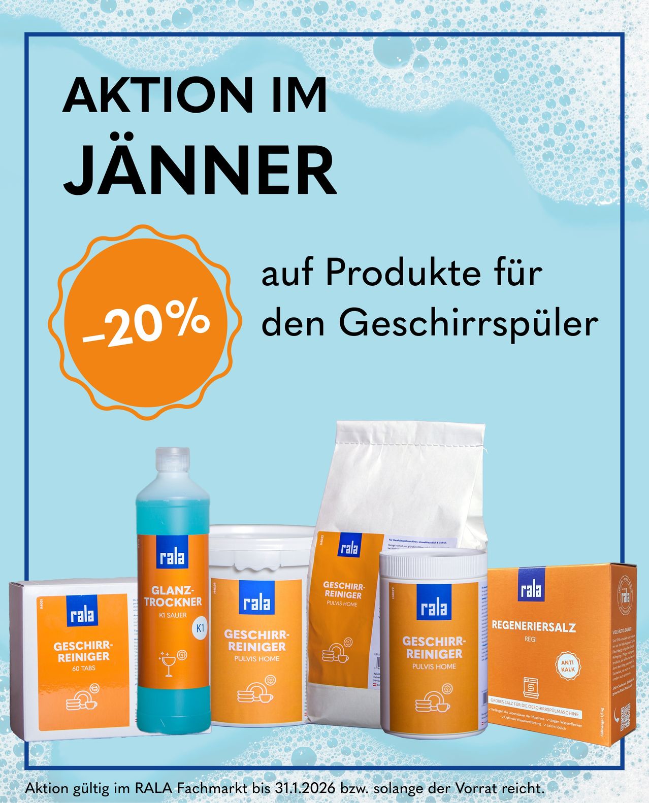 Das Bild zeigt eine Werbeanzeige für Spülmaschinenprodukte. Es bietet einen Rabatt von 20% auf verschiedene Artikel, einschließlich Reinigungstabletten, Pulver und Flüssigkeit. Jedes Produkt ist mit einem weißen Beutel, einer Flasche und einer Schachtel hervorgehoben. Die Markenbezeichnung lautet 'Rala'.