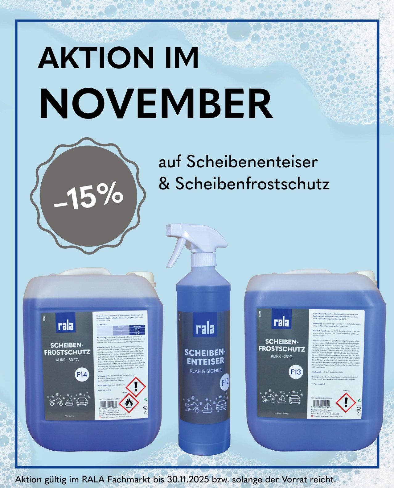Aktion im November mit 15% Rabatt auf Scheibenreiniger und Frostschutz. Drei Flaschen gezeigt, eine groß und zwei klein, alle blau. Etiketten zeigen, dass es sich um Scheibenreiniger und Frostschutz handelt.