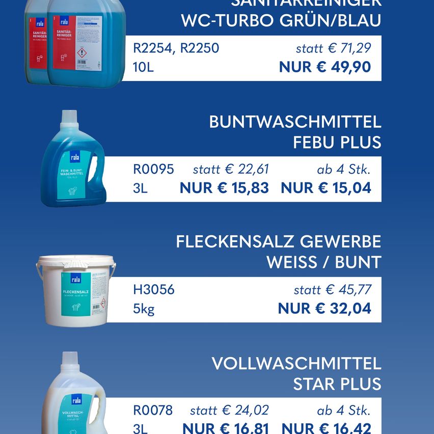 Das Bild zeigt eine Werbeanzeige für Reinigungsprodukte mit vier Produkten: WC-Turbo Grün/Blau, Buntwaschmittel Febu Plus, Fleckensalz Gewerbe Weiß/Bunt und Vollwaschmittel Star Plus. Jedes Produkt enthält Preisangaben und Volumenangaben.