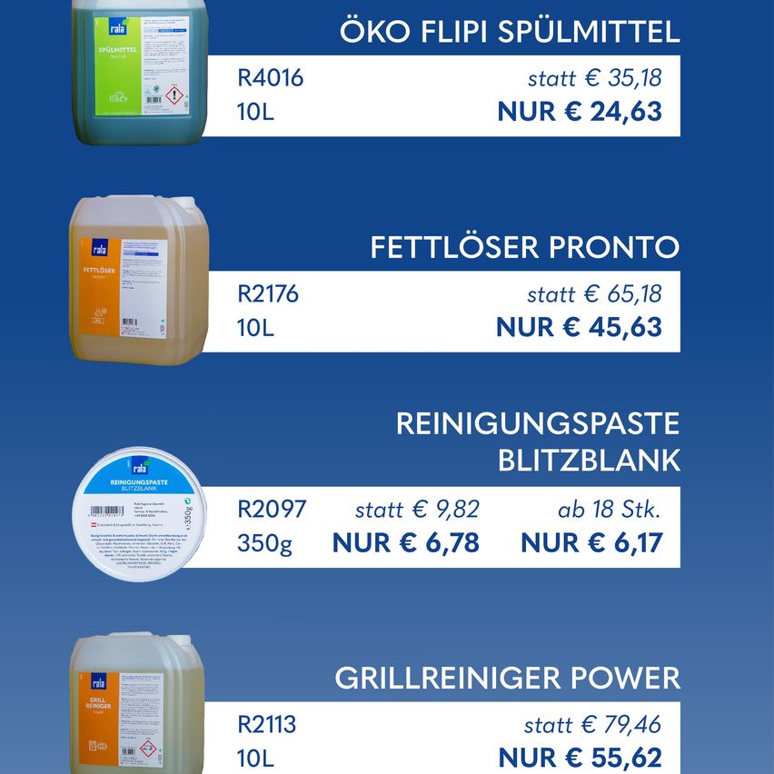 Eine Werbung für Reinigungsprodukte mit vier aufgelisteten Artikeln. Erstens, Öko Flipi Reinigungsmittel, zum Preis von 24,63, zuvor 35,18. Zweitens, Fettlöser Pronto Fettlöser, zum Preis von 45,63, zuvor 65,18. Drittens, Reinigungspaste Blitzblank Reinigungspaste, zum Preis von 6,17, zuvor 9,82. Viertens, Grillreiniger Power Grillreiniger, zum Preis von 55,62, zuvor 79,46.